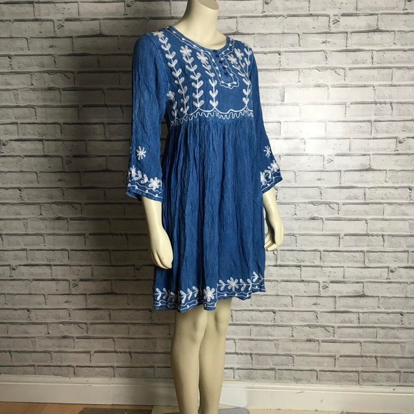 Vintage 90s Hippie Boho Smock Festival Embroidered Dress M/L - Picture 3 of 6